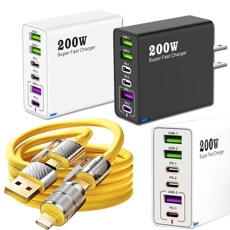 200W Multi USB Wall Charging Charger, 4-in1 Fast Charge Cable For All Cell Phone