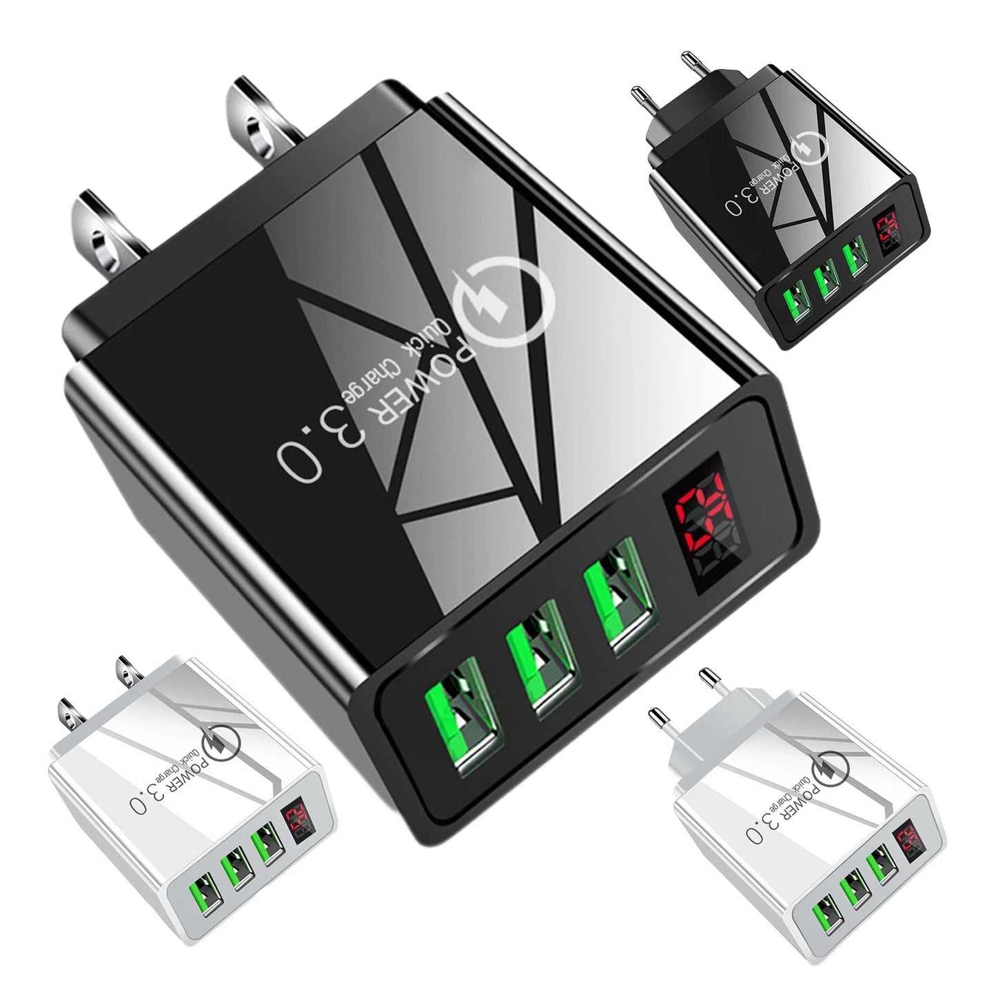 2 PCS Digital Charger 3usb Digital Display Fast Charging Charger Smart Phone