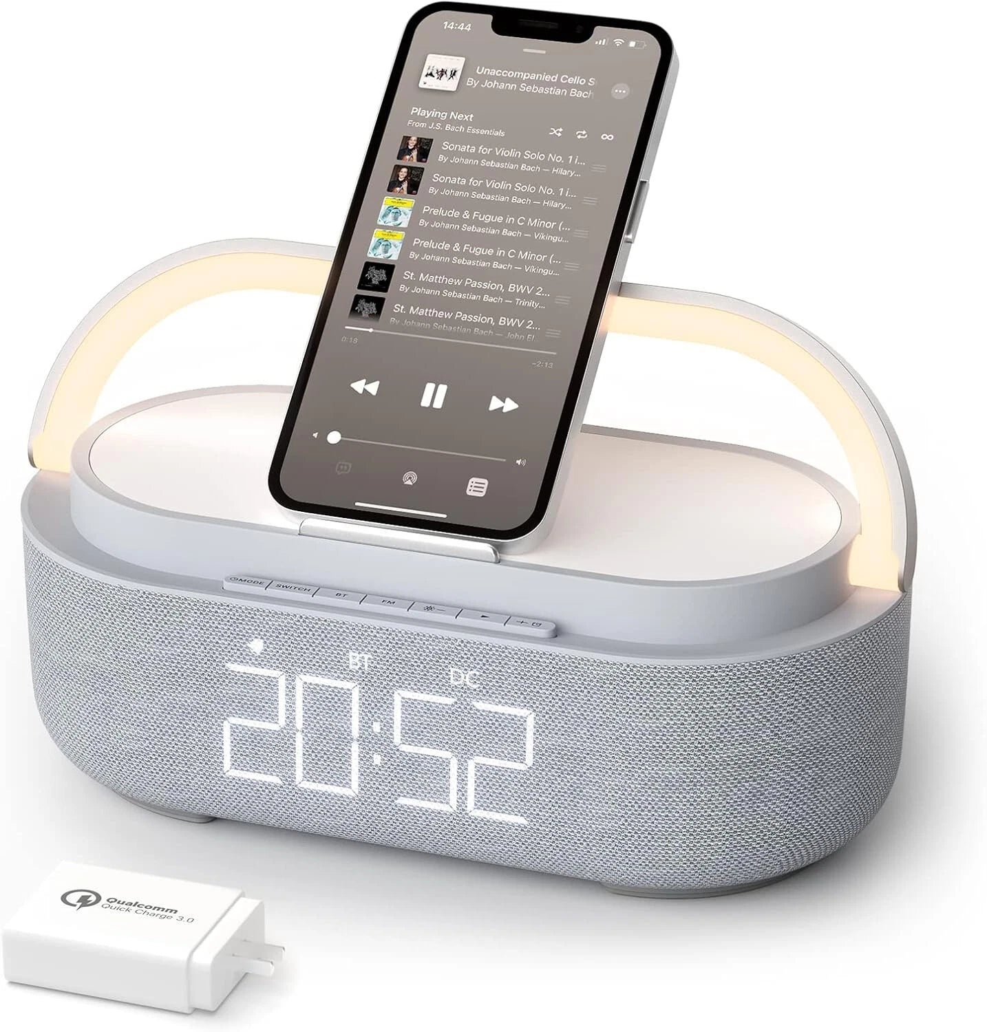 Stylish Bluetooth Speaker with Wireless Charging, Alarm Clock & Dimmable Light