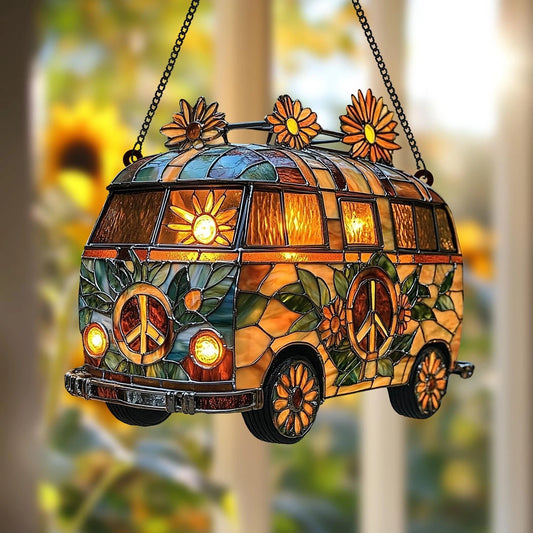Flower Hippie Van Acrylic Suncatcher, Retro Flower Power Bus Faux Window Hanging