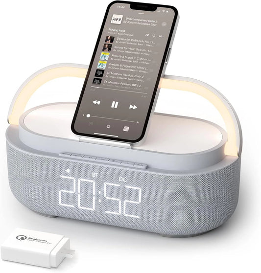Stylish Bluetooth Speaker with Wireless Charging, Alarm Clock & Dimmable Light