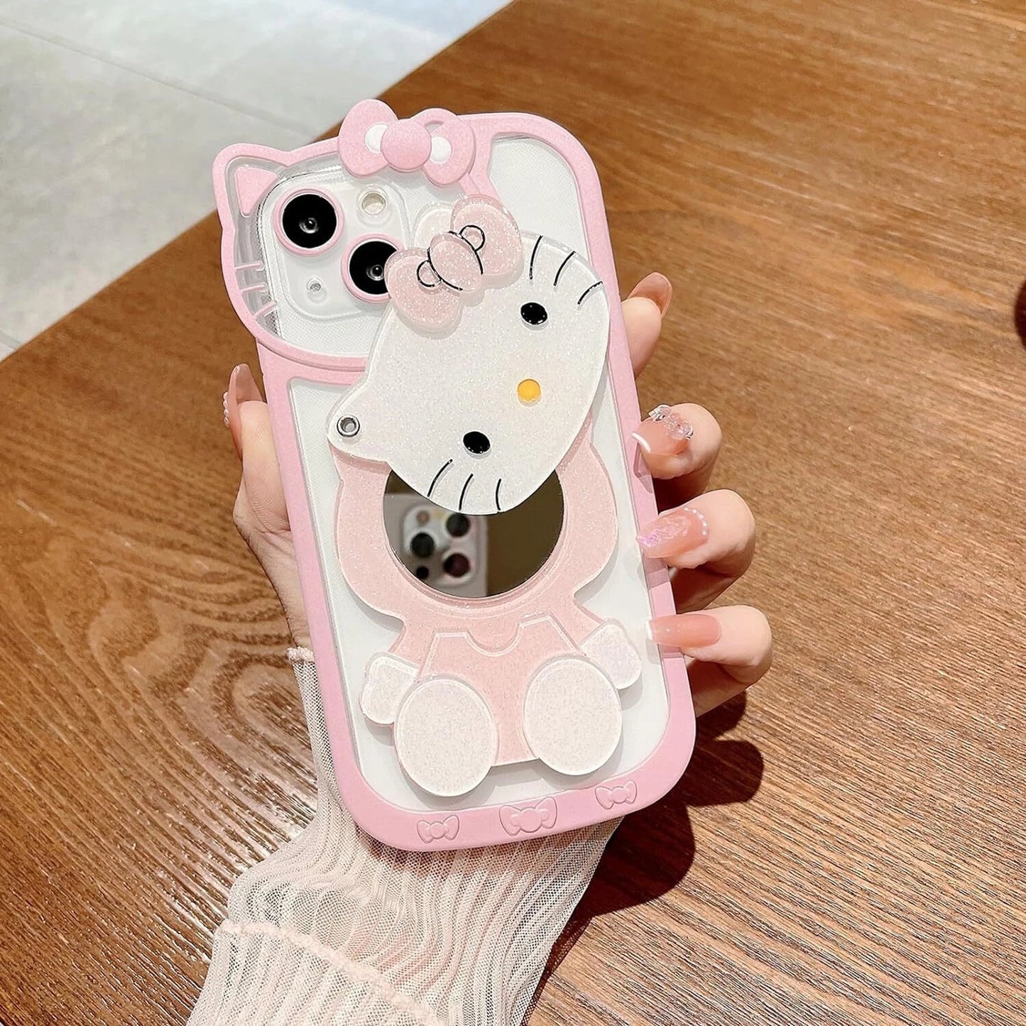 for iPhone Kawaii Pink Cute Cartoon Phone Case, with Mirror Stylish Cute Girls